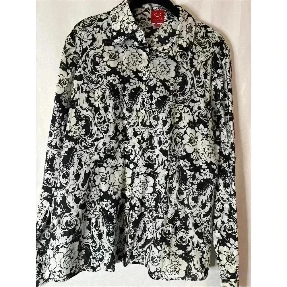 Oscar de la Renta Women Button down shirt Black White Floral 100 % cotton size14